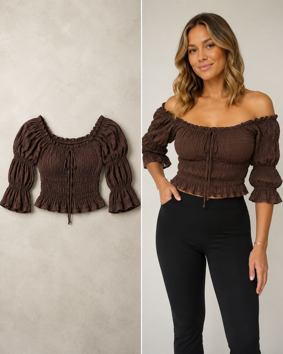 Blusa Campesina Smock Chocolate Off-Shoulder